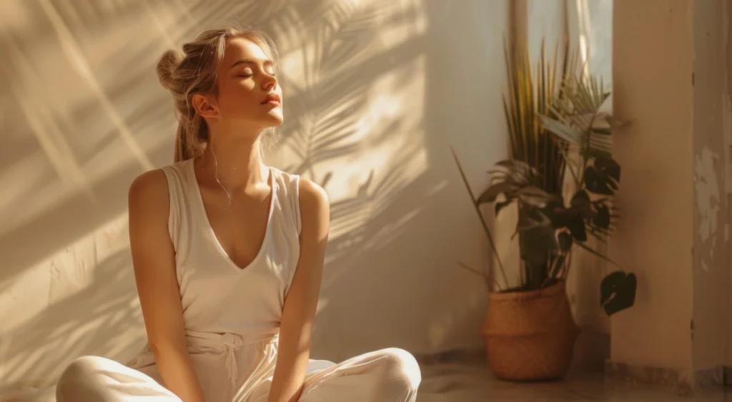 Practicante meditando en una sala soleada con sombras de planta en la pared
