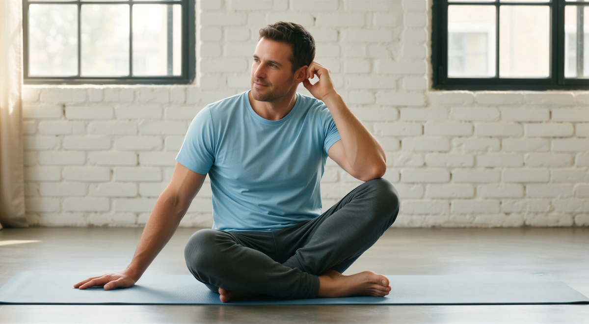 Profesor de yoga sentado en la esterilla antes de empezar la clase