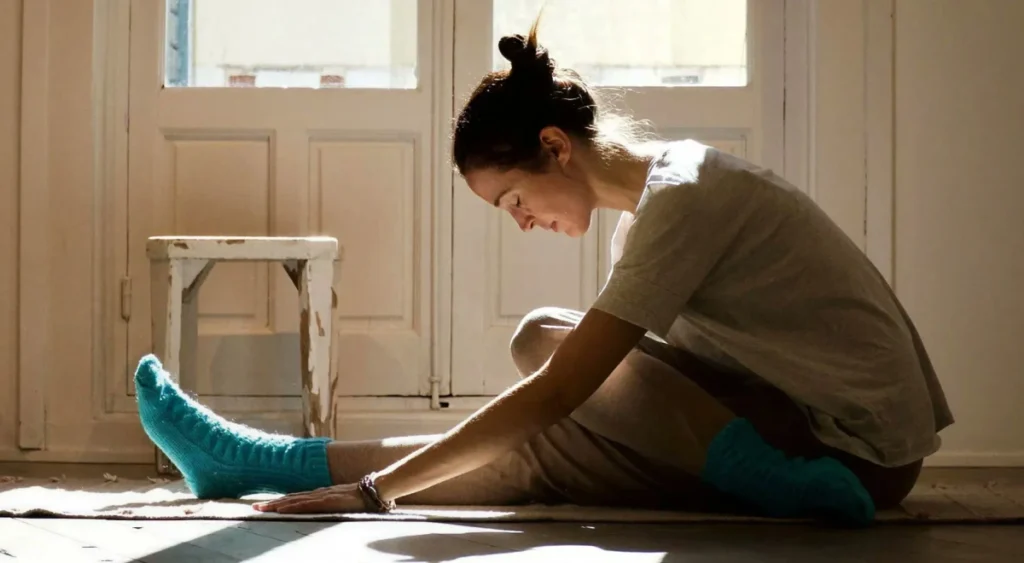Alumna en una flexión hacia delante sentada, a su ritmo y con luz natural